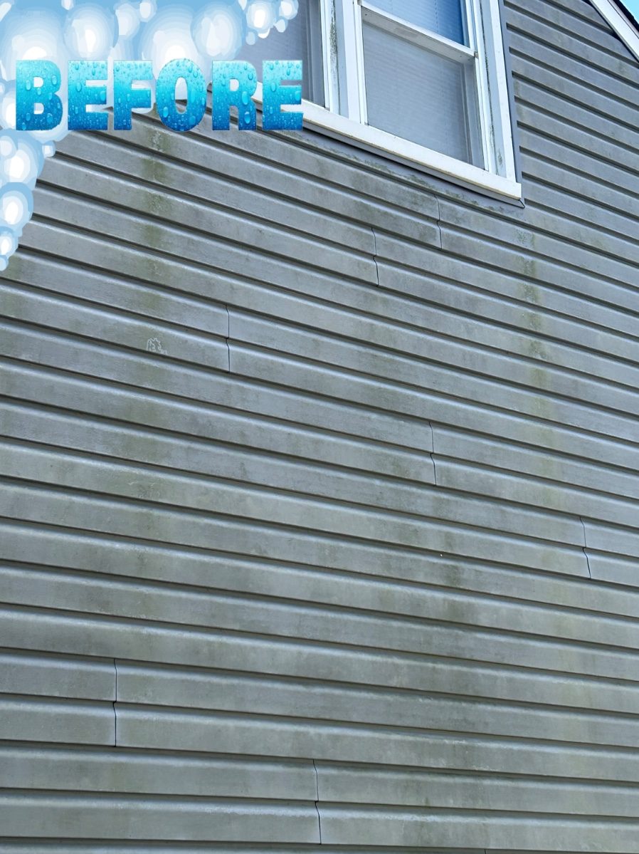 Gray vinyl siding before cleaning with mildew buildup
